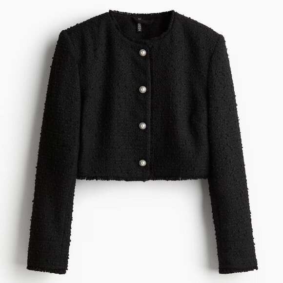 NWT H&M CROPPED BOUCLÉ-WEAVE JACKET Black (Large) - Picture 1 of 5